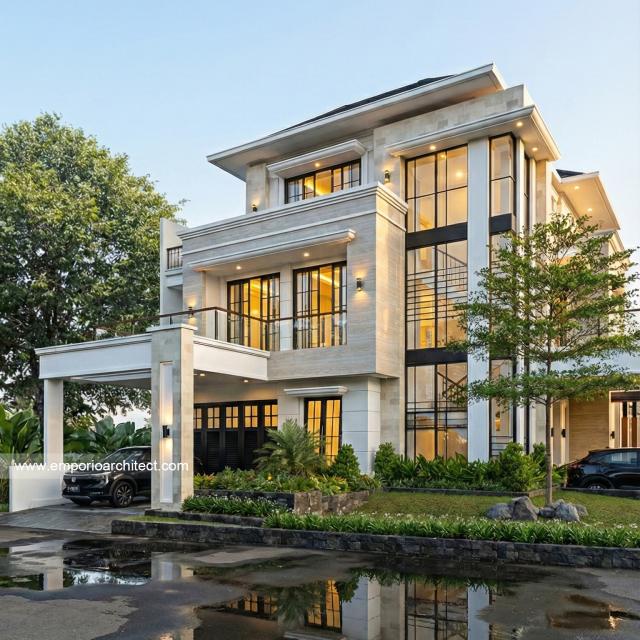 Desain Tampak Depan 2 Rumah Hook Classic 3 Lantai Bapak HRR di Tangerang, Banten